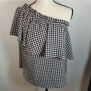 BP Blouse S Plaid Black White Ruffle One Shoulder